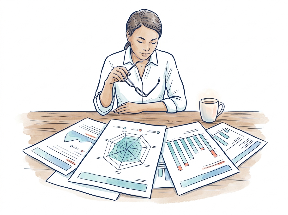 A practitioner reviewing a spread of assessment reports