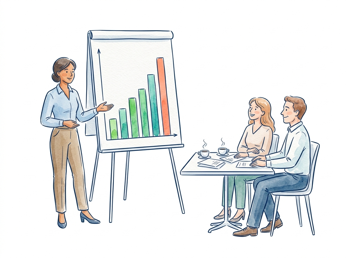 A consultant presenting rising results to a client