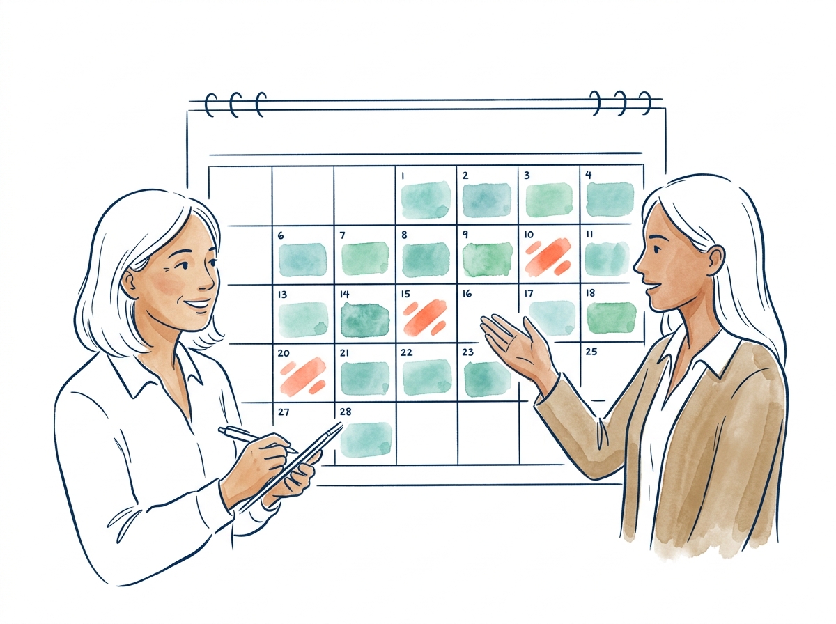 A coach and a leader booking sessions on a shared calendar