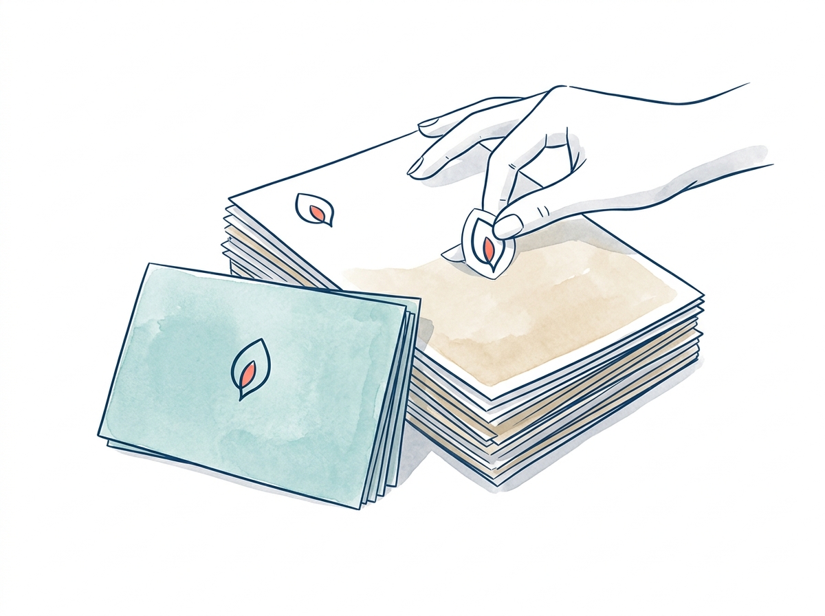 A hand placing the same logo on a stack of reports and invitations