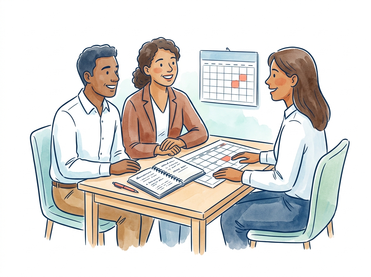 A consultant planning with two clients beside a shared calendar