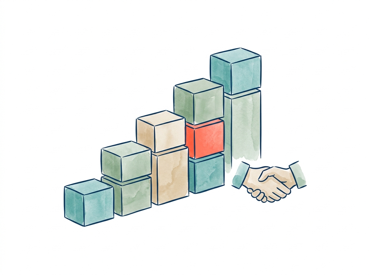 Stacked blocks rising beside a handshake