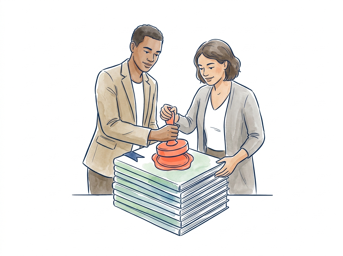 Partners placing their own brand on a stack of reports