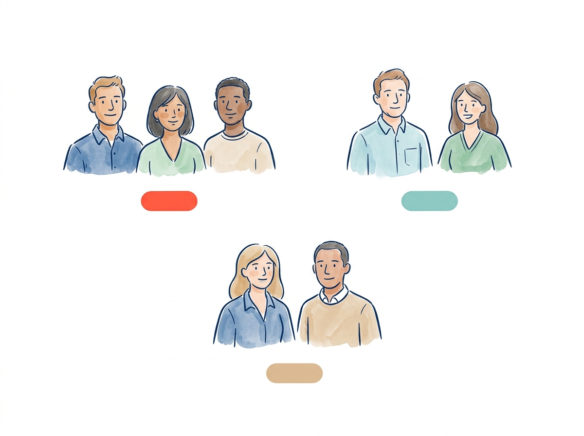 Three tagged groups of participants side by side