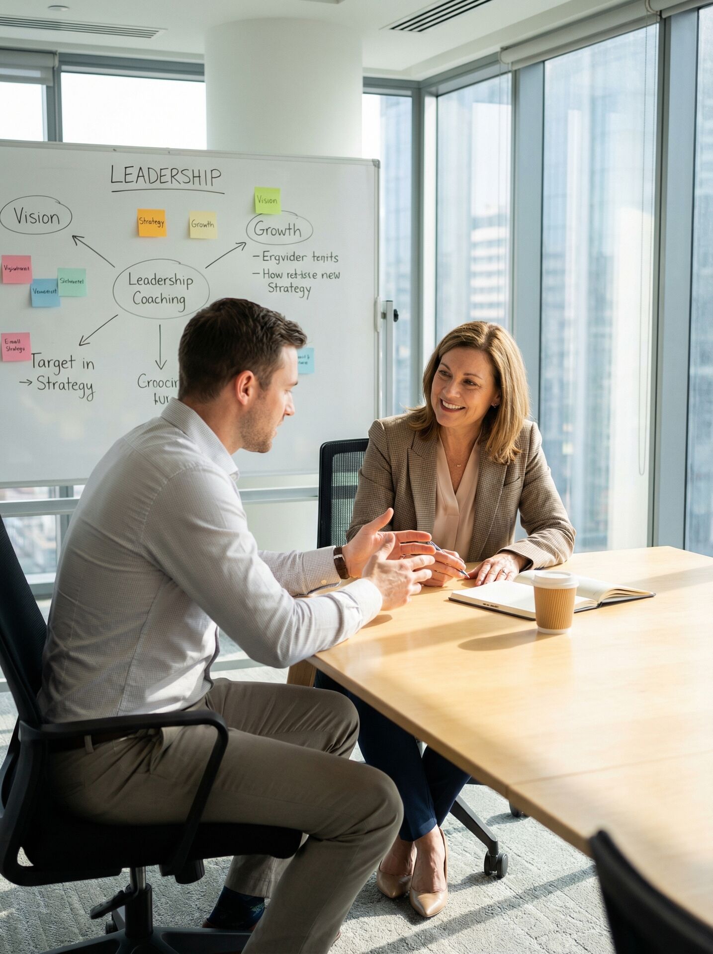 Leadership coaching session - coach and leader in a modern conference room