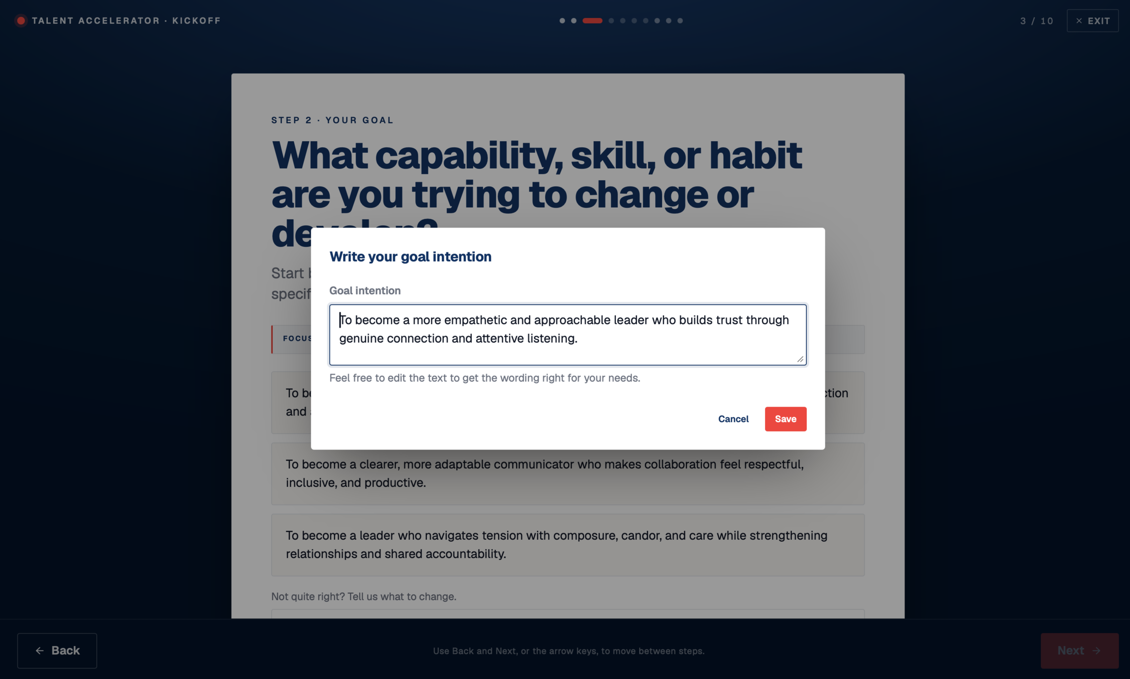 Writing a goal intention in the Talent Accelerator platform
