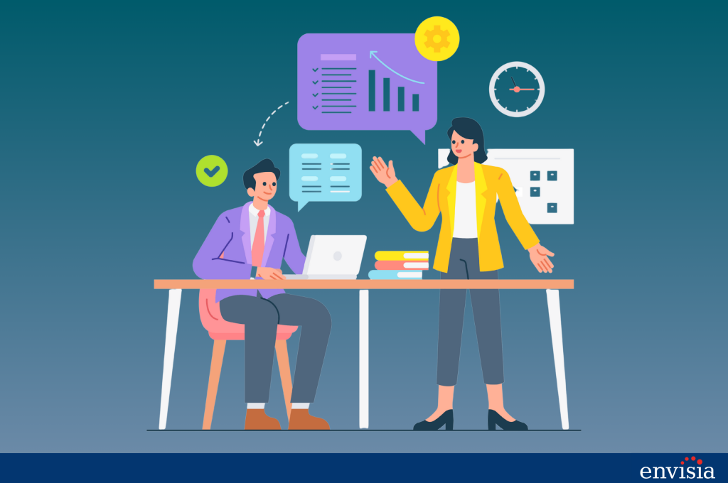 Illustration of a manager and coach discussing performance with charts and checklists, visualizing the steps of effective executive coaching.