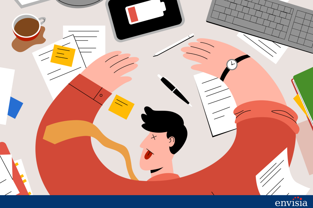 Illustration of an exhausted professional with paperwork and low energy, showing the role of executive coaching and emotional intelligence in managing stress.