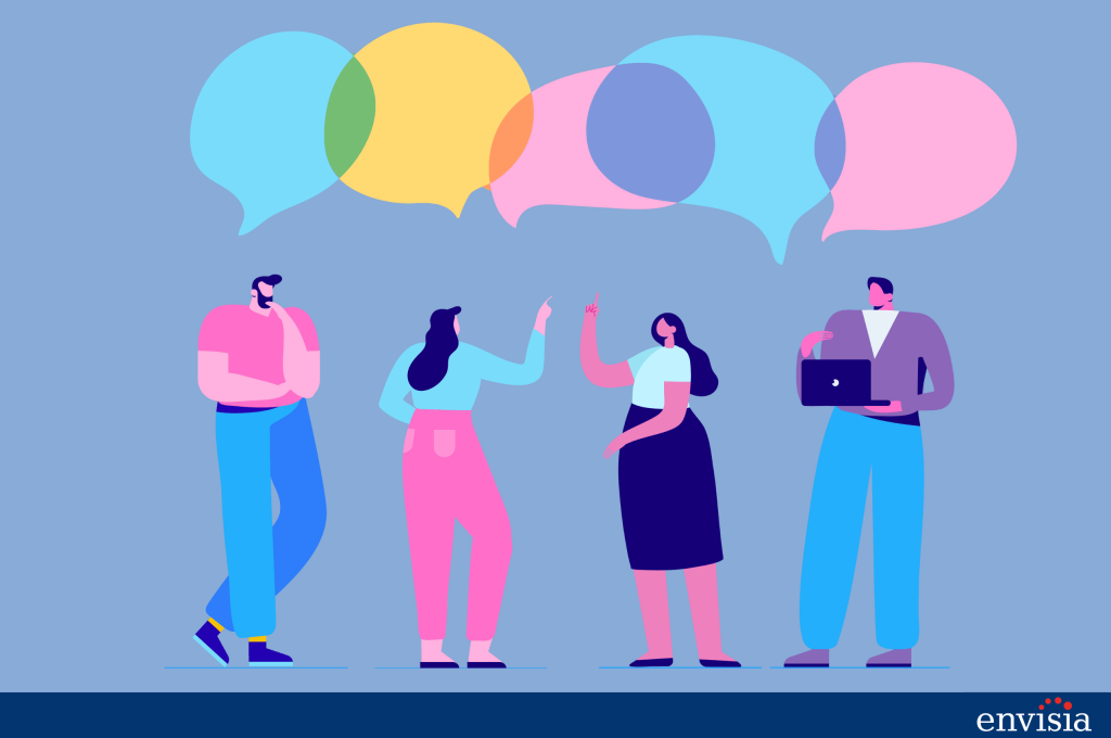 Illustrated group of coworkers having a discussion with speech bubbles above them, representing open communication in 360 degree feedback processes
