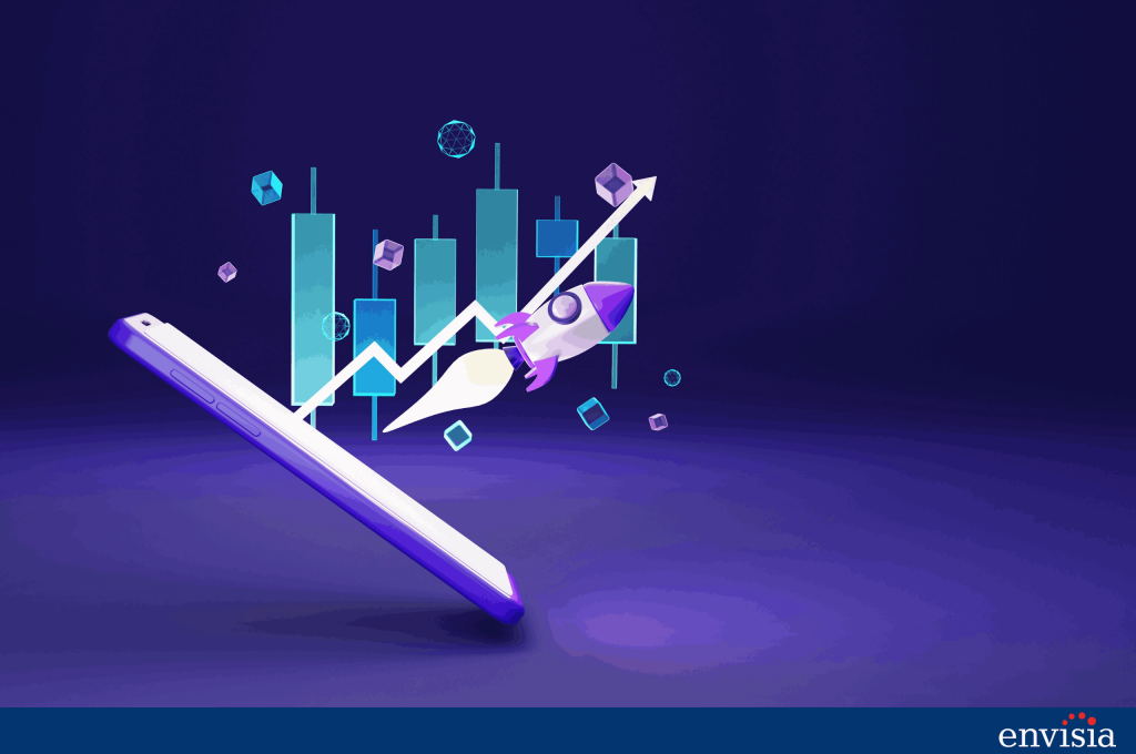 Smartphone with growth chart and rocket emerging to symbolize performance improvement through 360 degree feedback insights