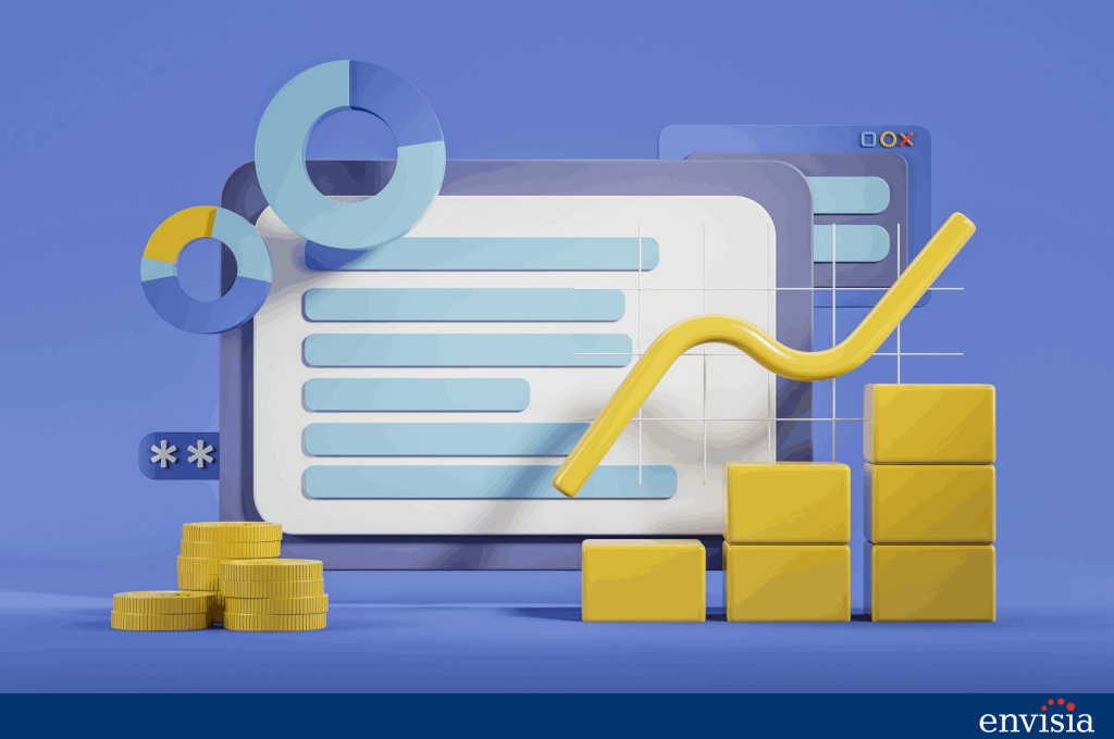 Illustration of charts, graphs and a rising trend line representing deeper analysis behind 360 degree feedback average scores