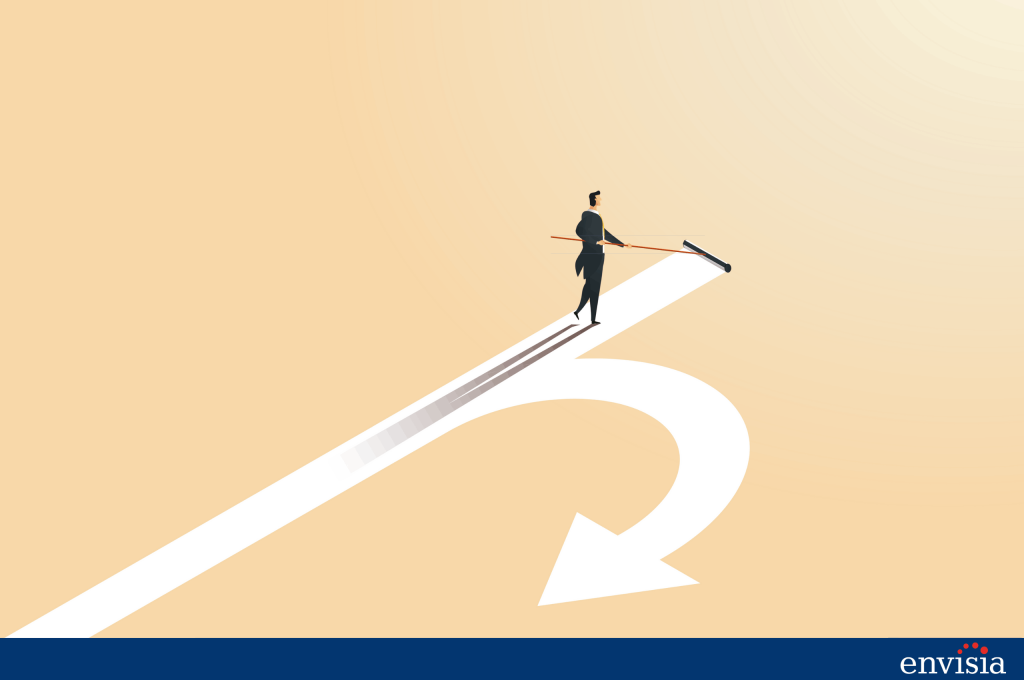 llustration of a businessperson walking a winding arrow path while balancing, representing navigating professional development after 360 degree feedback