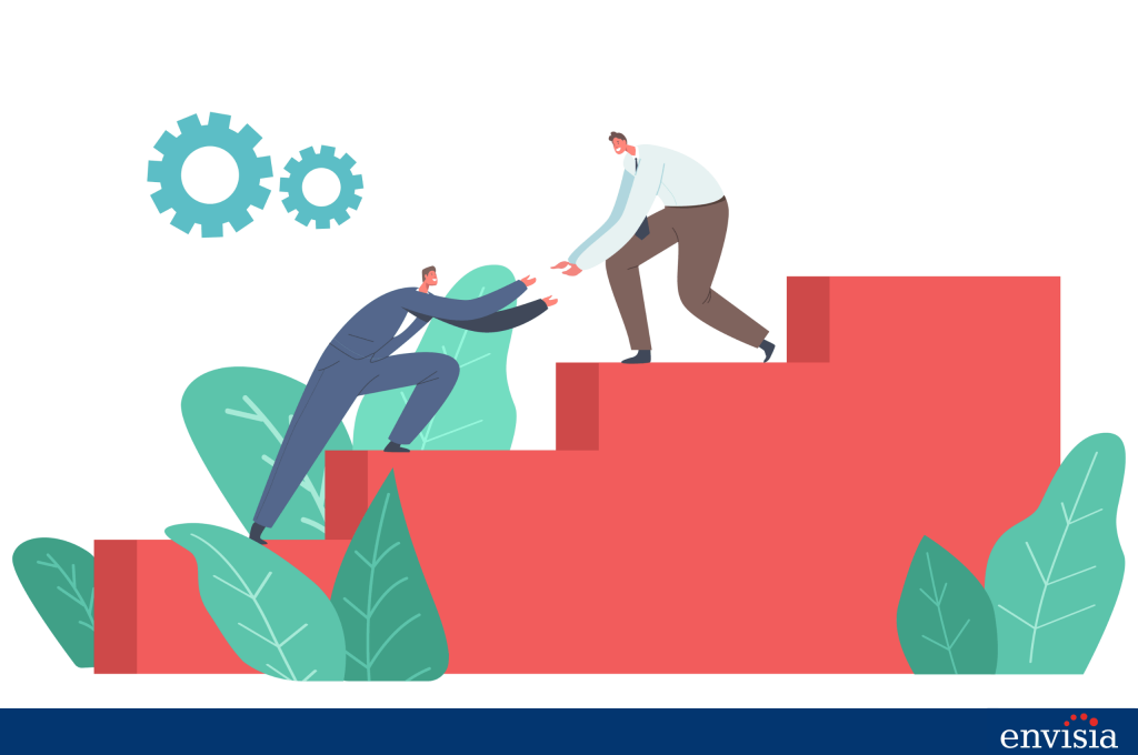Illustration of one colleague helping another up steps to represent coaching support after 360 degree feedback