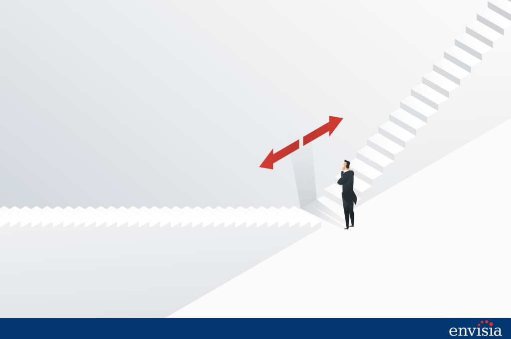 Illustration of a businessperson choosing between scoring methods in a 360 degree feedback report