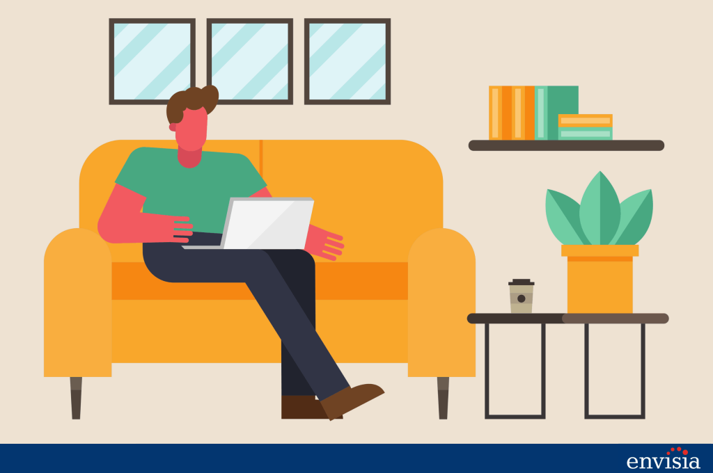 Person working from home on a laptop to complete 360 degree feedback ratings remotely
