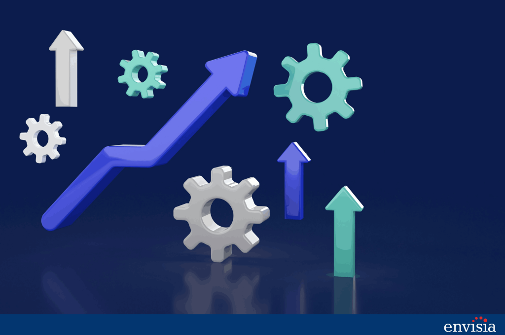 Graphic of gears and upward arrows symbolising continuous improvement and progress driven by 360 degree feedback development planning