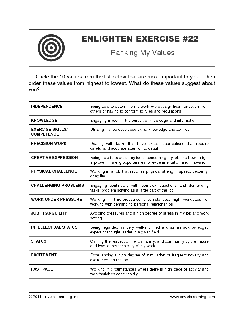 Ranking My Values — printable PDF